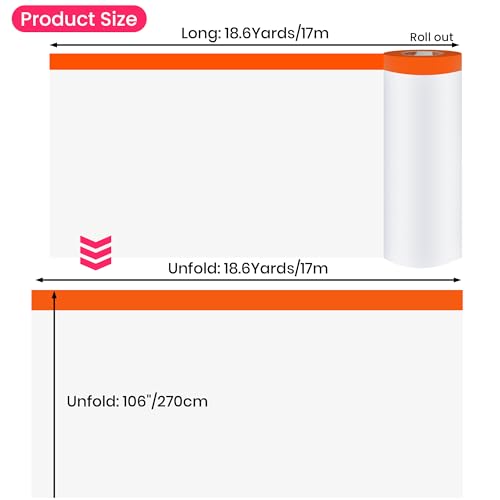 TAPEBEAR Pre-Taped Masking Film, 102" x 56Feet x 3Roll Plastic Sheeting Cover for Painting, Tape and Drape, Painters Masking Tape Film Plastic Drop Cloths for Auto, Appliance and Furniture - size: 102" x 56Feet x 3Roll