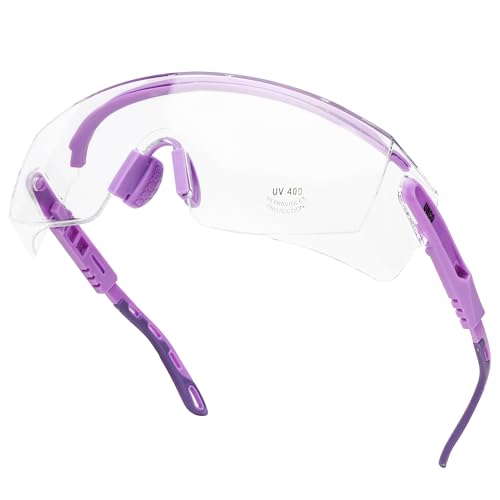 UNCO- Safety Goggles Over Glasses with Clear Wraparound Lens, Lavender Arms, Anti Fog Safety Glasses for Men and Women, Protective Eyewear