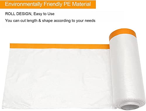 Pre-Taped Masking Film 13ft x 130ft Painters Plastic Sheeting Roll, Clear Plastic Sheeting Cover Plastics Drop Cloths for Painting, Automotive Appliance (2 Rolls, 65ft Per Roll)