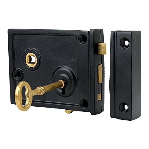 A29 Cast Iron Rim Lock Heavy Duty, Weather and Rust Resistant, Manual Latch for French & Screen Doors, Easy Install Hardware Included - Black Powder Coat Finish, 4.1" x 3.1" x 1.4" Backset - style: Horizontal Rim Lock