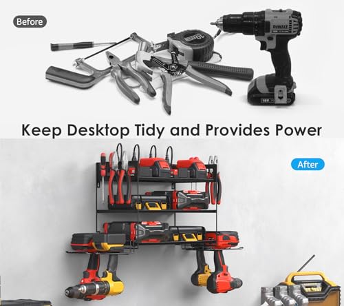 CCCEI Garage Tools Storage with Charging Station. Power Tool Battery Organizer Utility Shelf with Power Strip. 4 Drills Holder Wall Mount Rack, Black 3 Layer. - size: Small, style: 3 Layer