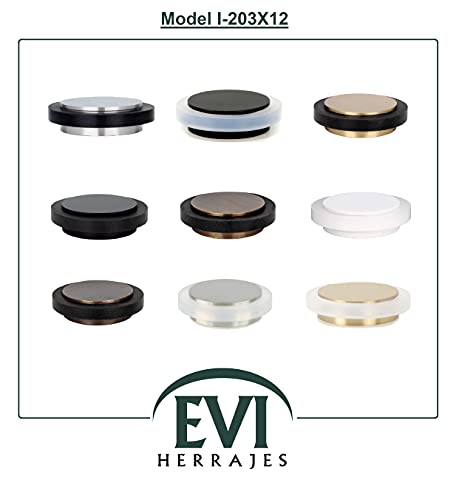 EVI Herrajes | Adhesive Door Stop | Ø1.75" X 0.55" | Adhesive Installation | Brass Satin Matte Finish | Black Natural Silicone Rubber | Mod. I-203X12MT - color: Brass Matte - Black Rubber