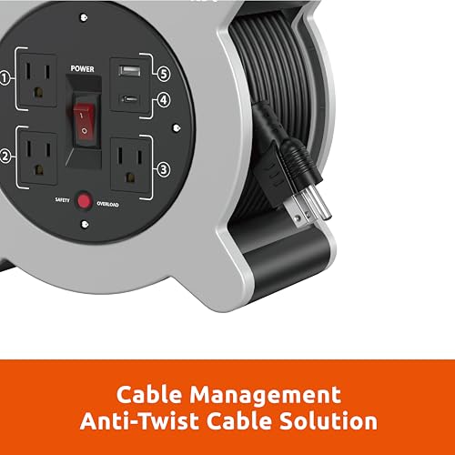 Link2Home Cord Reel 30 ft. Extension Cord 3 Power Outlets, 2 USB Ports A/C, 2.4A Fast Charge – 16 AWG SJT Cable.