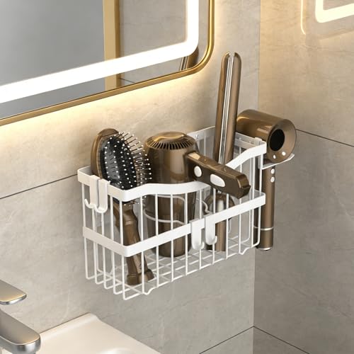 Dailyart Hair Tool Organizer Wall Mounted, 3-in-1 Blow Dryer Holder for Bathroom, Hair Dryer Holder and Styling Tools Organizer for Flat Iron, Curling Wand, Hair Accessories Storage, White