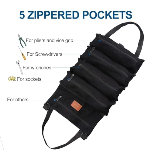 Roll Up Tool Bag, 16OZ Canvas Wrench Roll Up Pouch Multi-Purpose Tool Roll Organize, 5 Zippered Tool Pockets (Black) - color: Black, size: 5 Zipper Pockets