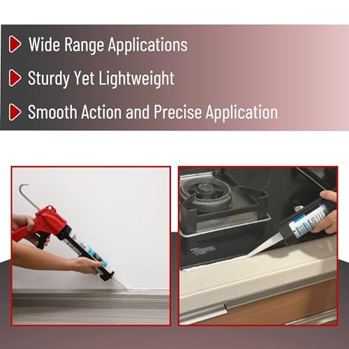Bates- Caulking Gun Tool, 10:1 Thrust Ratio, Black & Red, 360° Rotating Plastic Barrel, Caulk Gun with Spout Cutter, Seal Puncture Tool, Built-in Scraper and Finishing Tool