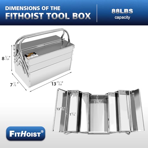 Metal Cantilever Tool Box, 3-Tier 5 Tray Fold Out Stainless Steel Tool Box with Handle, 14" Stack-able Portable Tool Storage Box Organizers Chest for Household Factory Warehouse Repair Shop