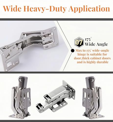 175° Heavy Duty Cabinet Hinges 2 Pair, Wide-Opening Concealed Hydraulic Hinges for Trap Doors, Thick Panels & Garage Cabinets | Soft Close, Adjustable Frameless Hinge Set with Screws & Storage Case - color: Universal | 175°Heavy Duty + Manual & Case