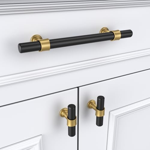 goldenwarm 10 Pack Black and Gold Cabinet Knobs Black Cabinet Knobs Gold Drawer Handles Kitchen Dresser Handles Modern T Bar Hardware for Cupboard Bedroom - color: Black&Gold, size: Knobs