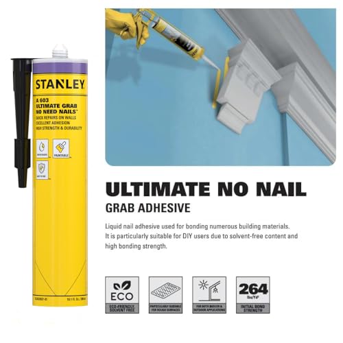 Stanley A603 Ultimate No Nail Grab Adhesive - Instant Grab Construction Adhesive for Window and Door, Drywall, Plaster Panel, Parquet Skirtings and DIY Decorations, 10.1 fl. oz. 1 Pack - size: 10.1 Fl. Oz. 1 Pack