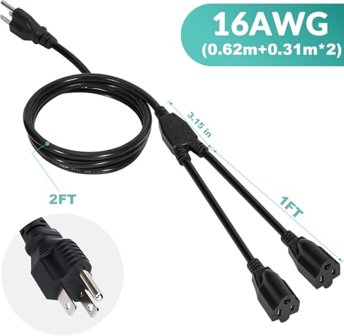 2 Way Power Cord Splitter Cable 3 Ft-3 Prong 1 to 2 Extension Cord-Outlet Saver-Elecan Male to Female Y Splitter Power Extension Cable Strip–UL Certified SJTW 16 Gauge 13 A/125 V–Black - size: 3FT