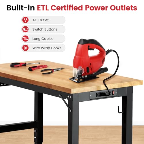 ENJOYWOOD 48" x 20" Heavy Duty Workbench with Wheels, Adjustable Height Garage Work Table with Solid Rubberwood Top, Pegboard & Power Outlets for Workshop, Home & Office - size: XX-Small