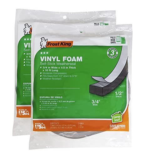 Frost King V734H Vinyl Foam Tape - Closed Cell - Moderate Compression, 3/4-inch X 1/2-inch X 10-feet, Gray - Pack of 12 - size: Pack of 12