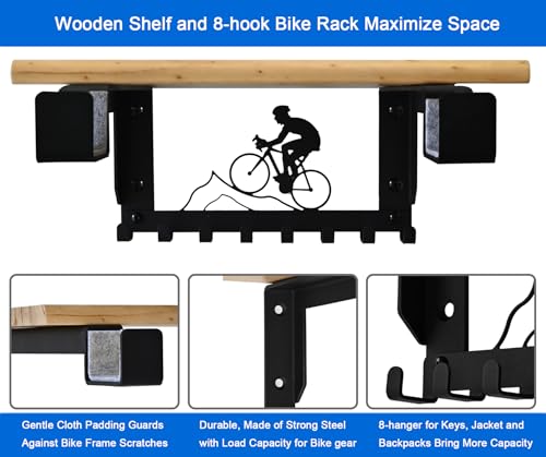 Bike Rack Wall Mount with Shelf and 8 Hooks Offer Horizontal Indoor Bike Storage for Sheds Garages. Wooden Bike Rack Bracket for Road, Mountain, Travel Bicycles, Maximizing Space