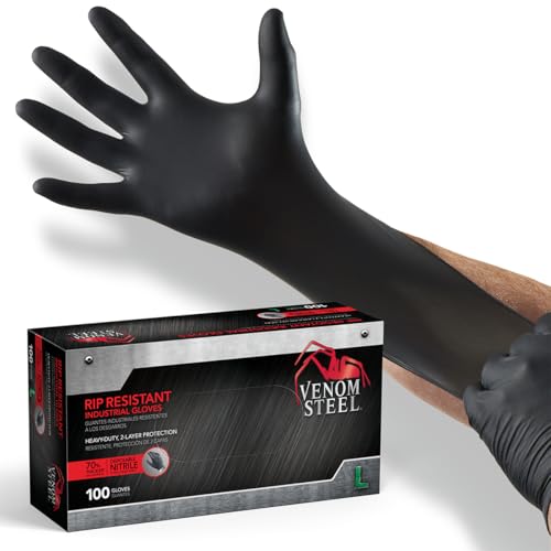 Venom Steel Industrial Nitrile Gloves, Chemical Resistant Disposable Black Gloves, Latex-Free, Powder-Free, Textured Grip, Heavy Duty Two-Layer Protection, 6 mil, Large, 100 Count - size: Large (Pack of 100)