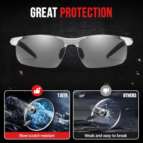 TJUTR Mens Photochromic Sunglasses Day & Night Driving Z87 Sun Glasses Polarized UV400 Protection Safety Glasses - color: B Silver/Z87 Photochromic Polarized Safety Lens