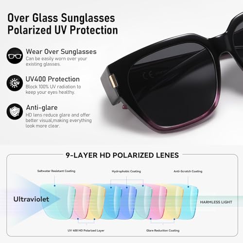 HAOLOTA Polarized Fit Over Glasses Sunglasses for Women Men Trendy Square Wrap Around Shades UV Protection - color: L Size 12 Black-purple/Grey