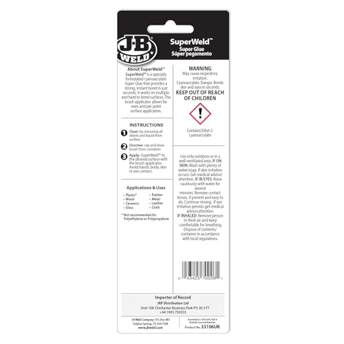 JB Weld JB33106 Superweld Instant Setting High Strength, 6 Gram Bottle, Great for Steel Rubber Most Plastics Wood & More, Bonds in Seconds, Cure Colour Clear, Packaging May Vary