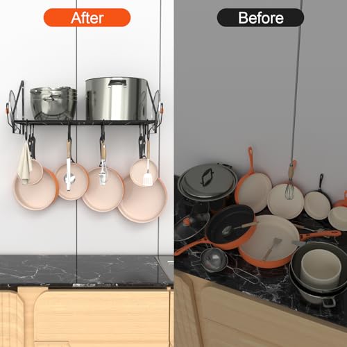 VyGrow 28 Inch Pot Rack Wall Mounted, Pots and Pans Organizer with 12 Hooks and 2 Pot Lid Holders, Heavy Duty Steel Pot and Pan Hanger for Kitchen Cookware Utensils Storage 34.7" Lx13 Wx12.6 H - color: 28"W 1 Tier Black