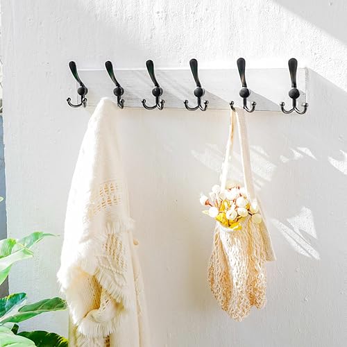 Dseap Coat Rack Wall Mounted - 24" Long 6 Tri Hooks, Heavy Duty Wooden Wall Coat Hanger Coat Hook for Clothes Hat Jacket Clothing, White and Black, Pack of 2 - color: White & Black, size: L=24"