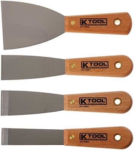 K Tool International 70004 Scraper Putty Knife Set for Garages, Repair Shops and DIY, High Carbon, Heat-treated, Polished Blades with Full Tang, Solvent-resistant, Riveted Wood Handles, 4 Piece