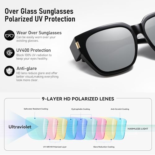 HAOLOTA Polarized Fit Over Glasses Sunglasses for Women Men Trendy Square Wrap Around Shades UV Protection - color: L Size 15 Black/Silver
