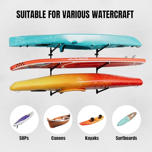 Kayak Wall Mount Rack, 45.3" Heavy Duty Canoe Storage Brackets, Foldable Space Saving Hanger, 304 Stainless Steel for Outdoor & Indoor, Fits SUP/Paddle Board(Black, 2-Tier) - size: H45.3"-2Kayaks-Wall Mount