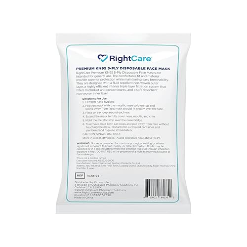 RightCare KN95 Protective Face Mask (Non-Medical) with Ear Loops and Shapeable Nose Bridge, Universal Size 10ct Pack