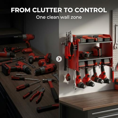 Heavy Duty Power Tool Organizer β 4 Drill Holders, Pegboard, Side Racks β Garage Storage Rack for DIYers β Metal Power Tool Shelf, Easy Install β Red