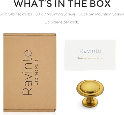 Ravinte 30 Pack Brushed Brass Cabinet Pulls - 1-1/4 inch Kitchen Cabinet Knobs & Drawer Pulls for Dresser Drawers - color: Brushed Brass