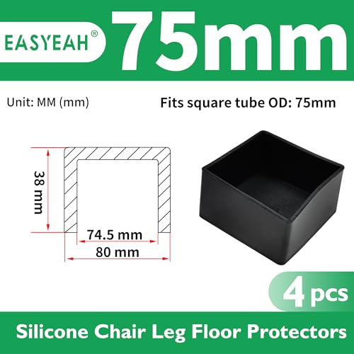 EASYEAH 3"(75 mm) Square Chair Leg Caps, Silicone Chair Leg Floor Protectors, Flexible End Caps, Non-Slip Rubber Chair Feet Covers for Hardwood Floors, Tables & Patio Furniture, Black (4 PCS) - size: 3"(75 mm)