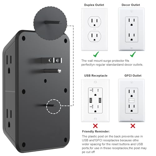 Surge Protector Outlet Extender, 6 Outlet Extender with 4 USB Charging Ports (2 USB C), 3 Sided Multi Plug Wall Adapter for Home, Office, Travel-2 Pack,Black - color: Black-6 Outlets-2 Pack