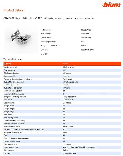 Blum 33B355AF22 Compact Face Fix Hinge 107° with Spring and Mounting Plate, incl Screws, Pack of 10 - size: Pack of 10 Sets