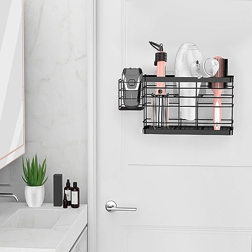 Hair Tool Organizer - Black Steel Wall Mounted Hair Dryer Holder with Removable Basket, 10.62"L x 4.33"W x 6.69"H, Ideal for Small Bathrooms - color: Black-plus