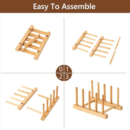 HBlife Bamboo Dish Plate Bowl Cup Book Pot Lid Cutting Board Drying Rack Stand Drainer Storage Holder Organizer Kitchen Cabinet(Keep Dry) - color: Bamboo 4 Slots 1pcs