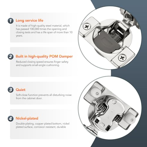 10 Pack (5 Pairs) 1-1/2" Overlay Soft Close Cabinet Hinges, Satin Nickel Stainless Steel Concealed Hinges with 3D Self-Closing for Face Frame Doors & Kitchens - size: 1-1/2 inch Overlay