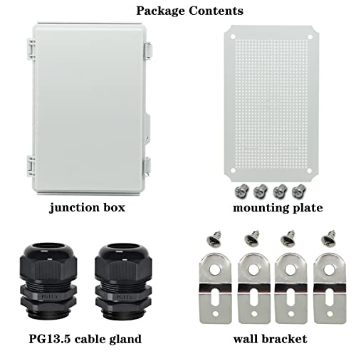 Zulkit Junction Box,IP67 Waterproof Electrical Box Hinged Cover Stainless Steel Latch Plastic Enclosure for Project w Mounting Plate Wall Bracket and 2 Cable Gland Grey 11"x7.5"x5.5"/280x190x140mm - color: Grey Cover, size: 11"x7.5"x5.5"
