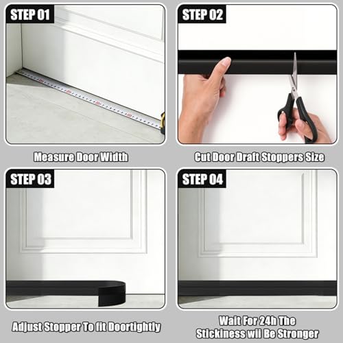 Black Door Draft Stopper 2” W x39”L, Door Bottom Blocker for Exterior/Front Doors, Adjustable Under Door Seal Sweep Weather Stripping, Sound Proofing Door Insulation Strips