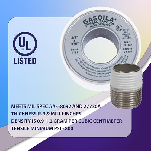 Gasoila PTFE Thread Seal Tape – Professional-Grade, 3/4 Inch x 576 Inch, High-Density Thread Tape for Plumbing, HVAC, Gas Lines, Water Pipes, and Air Compressors – Leak-Proof Seal, Non-Toxic - size: 3/4 Inch x 576 Inch Roll- 1 Pack