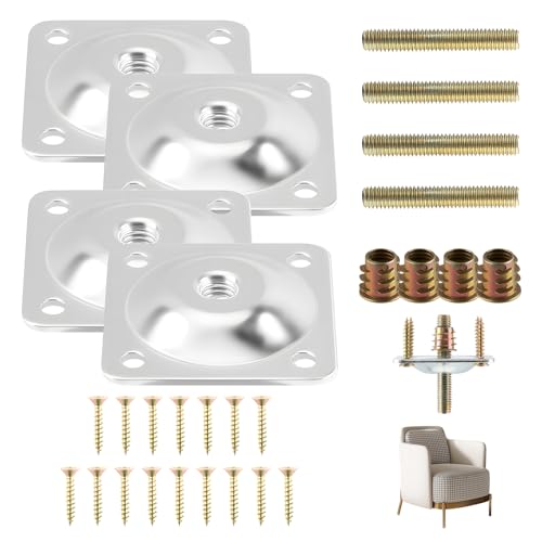 4-Piece Table Leg Mounting Plate, Heavy Duty Steel Table Leg Brackets with M8 Hanger Bolts and Screws, Furniture Hardware Attachment Plates for Sofa Couch and Chair Repair