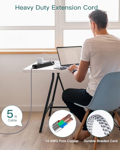 Surge Protector Power Strip - Extension Cord with Addtam 6 AC Outlets 4 USB (2 USB-C Ports), 1875W/15A, Flat Plug with Overload Surge Protection, Outlet Extender for Home Office Dorm Room Essentials - style: Braided Cord