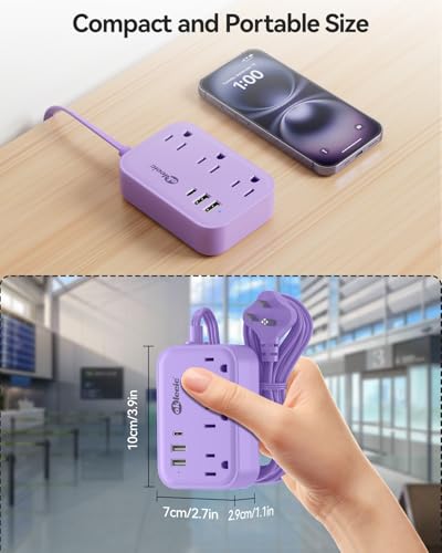 Purple Extension Cord with 3 Outlets & 3 USB(1 USB C), Cute Small Extension Cord 5ft, Travel Power Strip Flat Plug with USB Charging Station, Compact for Cute Purple Kawaii Lavender Desk Accessories - size: 5FT-Purple