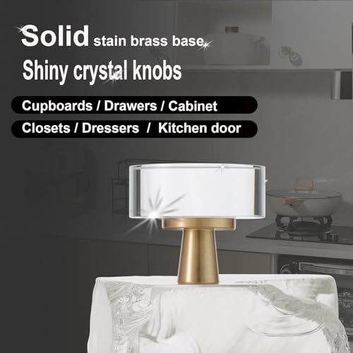 Kitchen Cabinet Knobs Glass 4 Pack Closet Brushed Gold Knob Cabinets Pulls,Drawer Dresser Drawers Cupboard Round Hardware Handles,Solid Copper Bathroom Bedroom Pull Satin Brass Crystal Knobs Handle - color: Gold-4 pack, size: Round
