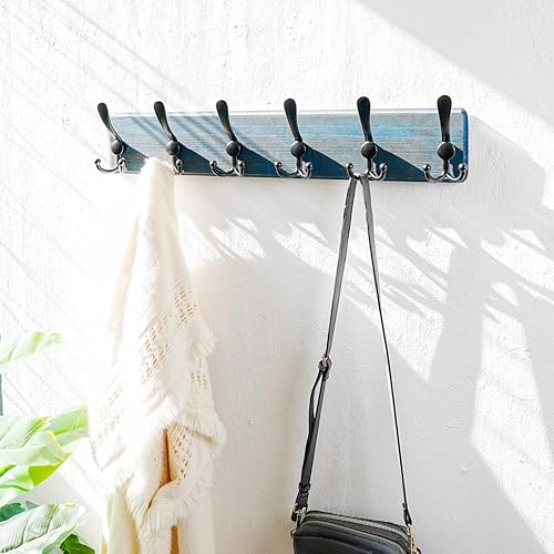 Dseap Coat Rack Wall Mounted - 24" Long 6 Tri Hooks, Heavy Duty Wooden Wall Coat Hanger Coat Hook for Clothes Hat Jacket Clothing, Weathered Blue and Black, Pack of 2 - color: Weathered Blue & Black, size: L=24"