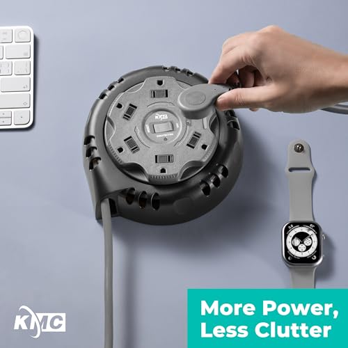 KMC 6-Outlet Surge Twist Cord Reel Retractable Power Strip Surge Protector, 1085J Surge Protection, 8ft 14/3 Retractable Extension Cord, 3-Prong Low-Profile Flat Plug, UL/ETL Certified, Gray