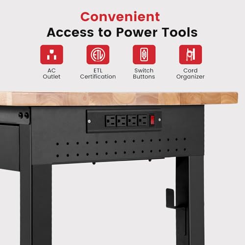 ENJOYWOOD 48" Adjustable Height Workbench with Drawers, Rubberwood Top, Pegboard & Power Outlets, Heavy Duty Work Table for Garage, Workshop & Home - size: XX-Small