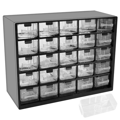 25 Drawers Stackable Storage Cabinet with 50 Removable Dividers, Clear Small Parts Organizer for Hardware, Crafts & Beads, Desktop Drawer Unit for Office Supplies & Teacher Toolbox, 11.5×8.9×4.8 In