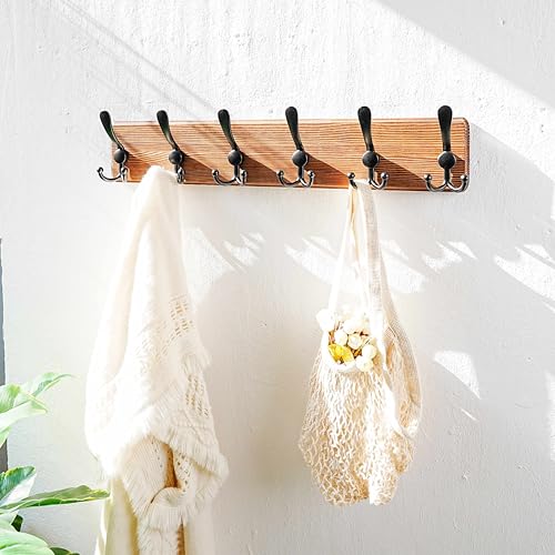 Dseap Coat Rack Wall Mounted - 24" Long 6 Tri Hooks, Heavy Duty Wooden Wall Coat Hanger Coat Hook for Clothes Hat Jacket Clothing, Natural and Black, Pack of 2 - color: Natural & Black, size: L=24"