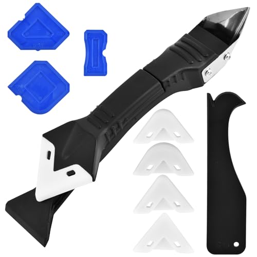 Silicone Caulking Tool, 3 in 1 Caulking Remover Glazing Compound Finishing Tool with 5 Replacement Silicone Scraper Pads, Grout Scraper Kit for Bathroom Kitchen Floor Window Sink Joint