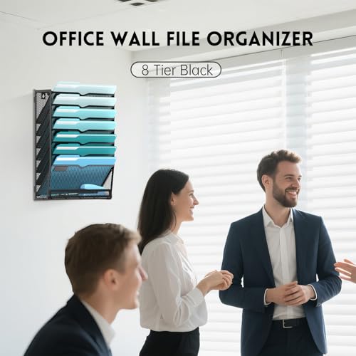 8-Tier Hanging Wall File Organizer with 5 Hooks, Mesh Wall File Holder Vertical Mount Mail Organizer for Papers, Folders, Magazines, Bills, Office and School, Black - size: 8 Tier-Black
